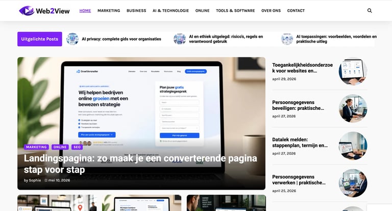 Web2View website header showing landing page examples and blog articles about website design and digital marketing