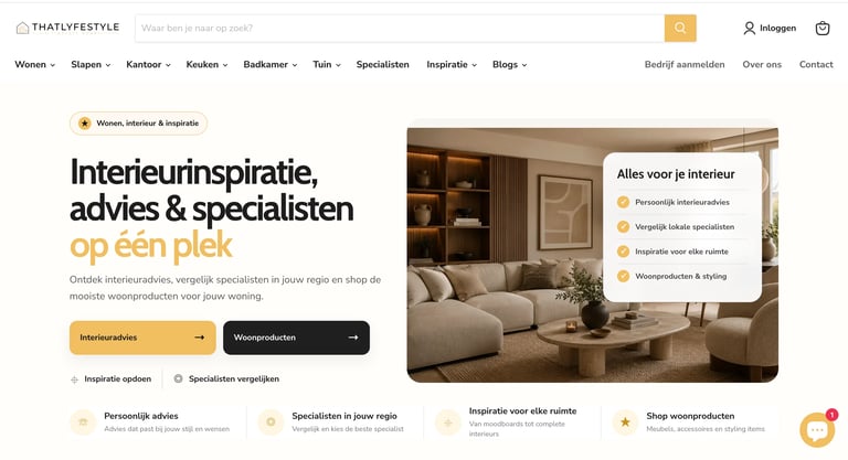 Website header for Thatlyfestyle showing interior design advice with warm living room photo and navigation menu